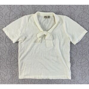 VTG Tricotex Castello Knit Top Cream Short Sleeve Tie Neck Guatemala Made Sz S